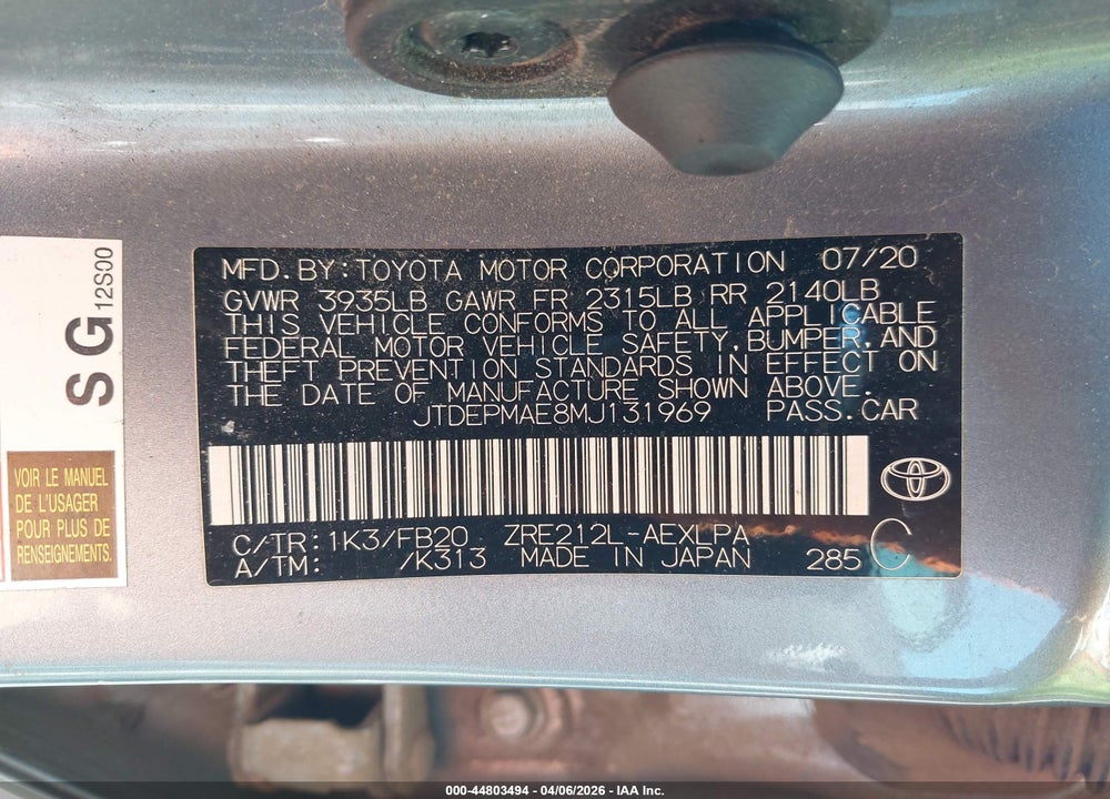 2021 TOYOTA COROLLA LE VIN: JTDEPMAE8MJ131969