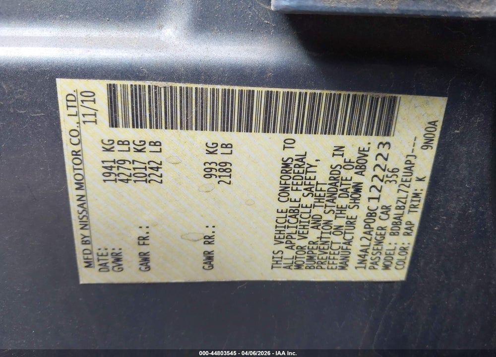 2011 NISSAN ALTIMA 2.5 S VIN: 1N4AL2AP0BC122223
