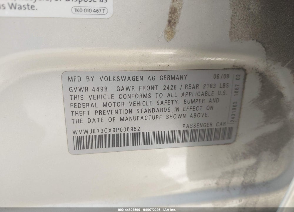 2009 VOLKSWAGEN PASSAT KOMFORT VIN: WVWJK73CX9P005952