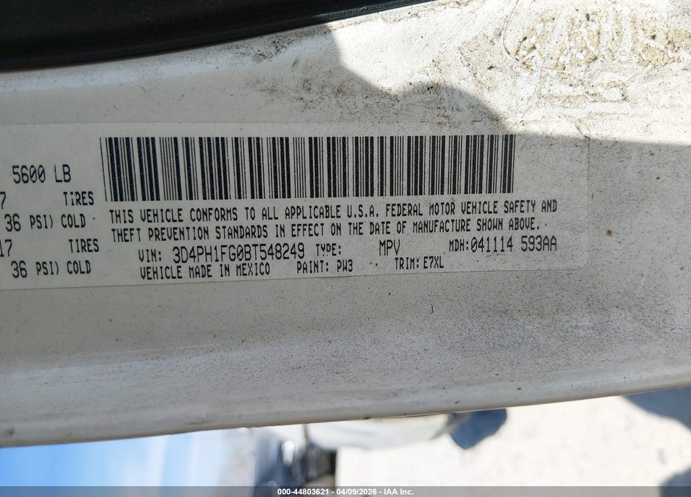 2011 DODGE JOURNEY MAINSTREET VIN: 3D4PH1FG0BT548249