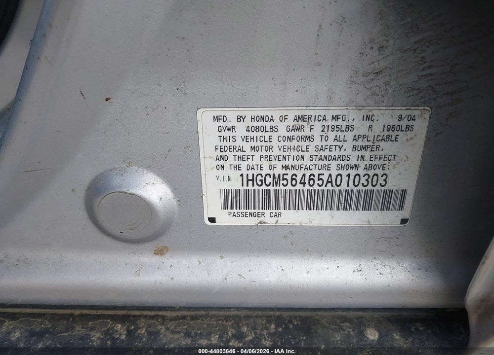 2005 HONDA ACCORD 2.4 LX VIN: 1HGCM56465A010303