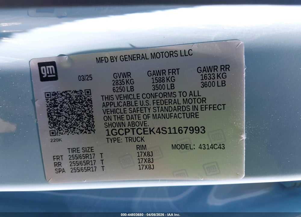 2025 CHEVROLET COLORADO 4WD LT VIN: 1GCPTCEK4S1167993