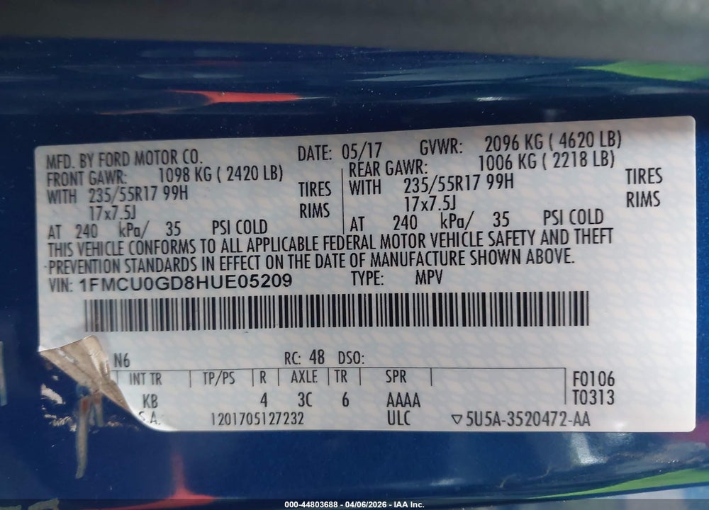 2017 FORD ESCAPE SE VIN: 1FMCU0GD8HUE05209