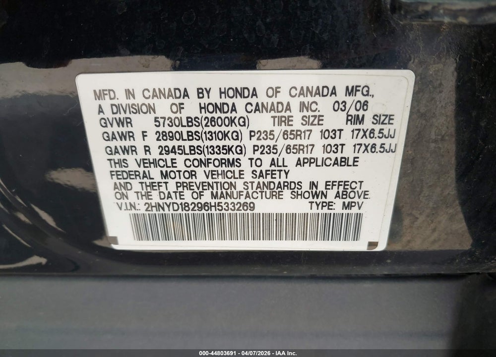 2006 ACURA MDX VIN: 2HNYD18296H533269