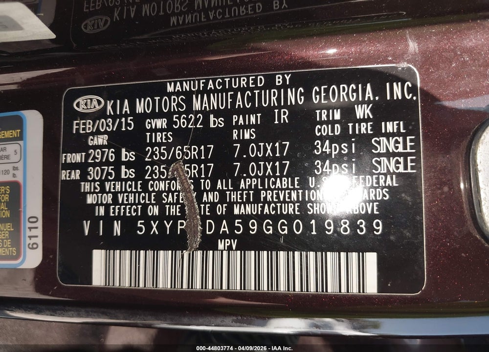 2016 KIA SORENTO 3.3L LX VIN: 5XYPGDA59GG019839