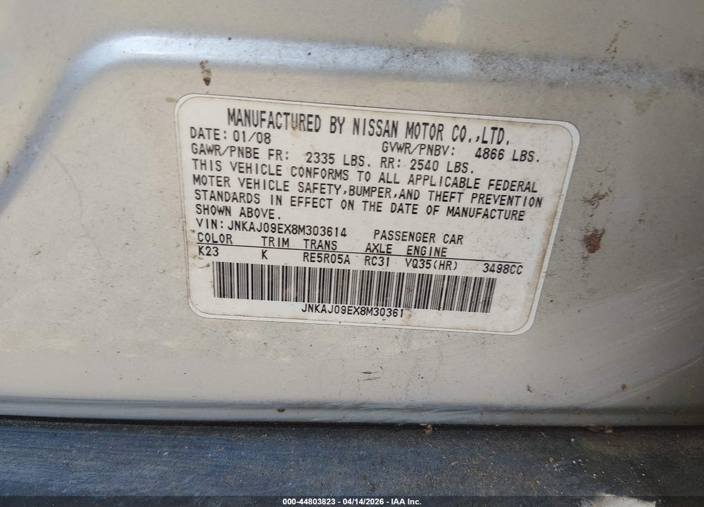 2008 INFINITI EX35 JOURNEY VIN: JNKAJ09EX8M303614