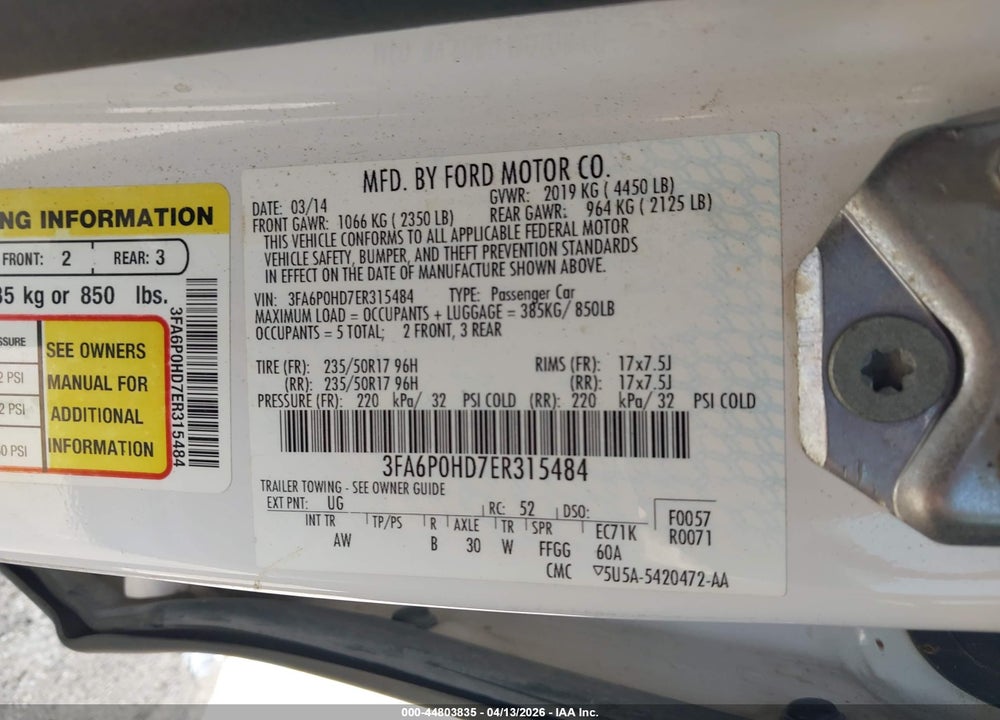 2014 FORD FUSION SE VIN: 3FA6P0HD7ER315484