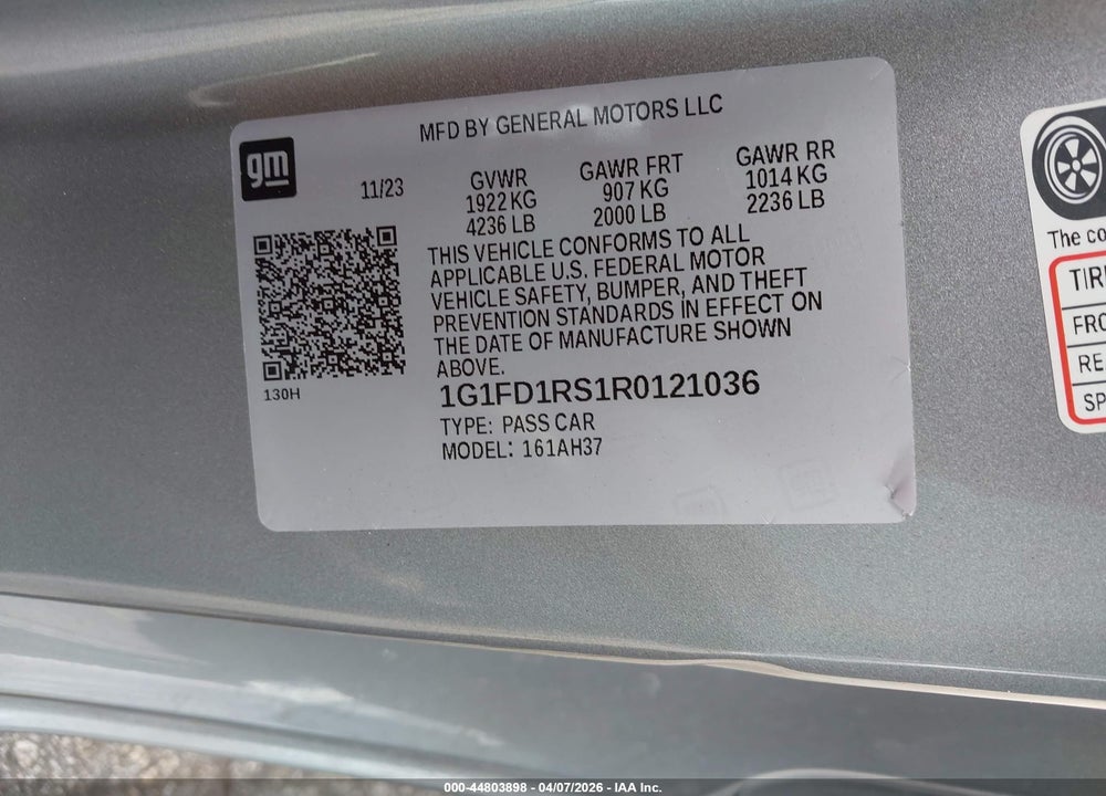 2024 CHEVROLET CAMARO LT VIN: 1G1FD1RS1R0121036