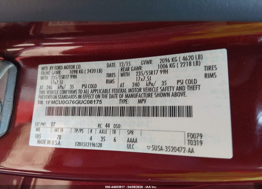 2016 FORD ESCAPE SE VIN: 1FMCU0G76GUC08175