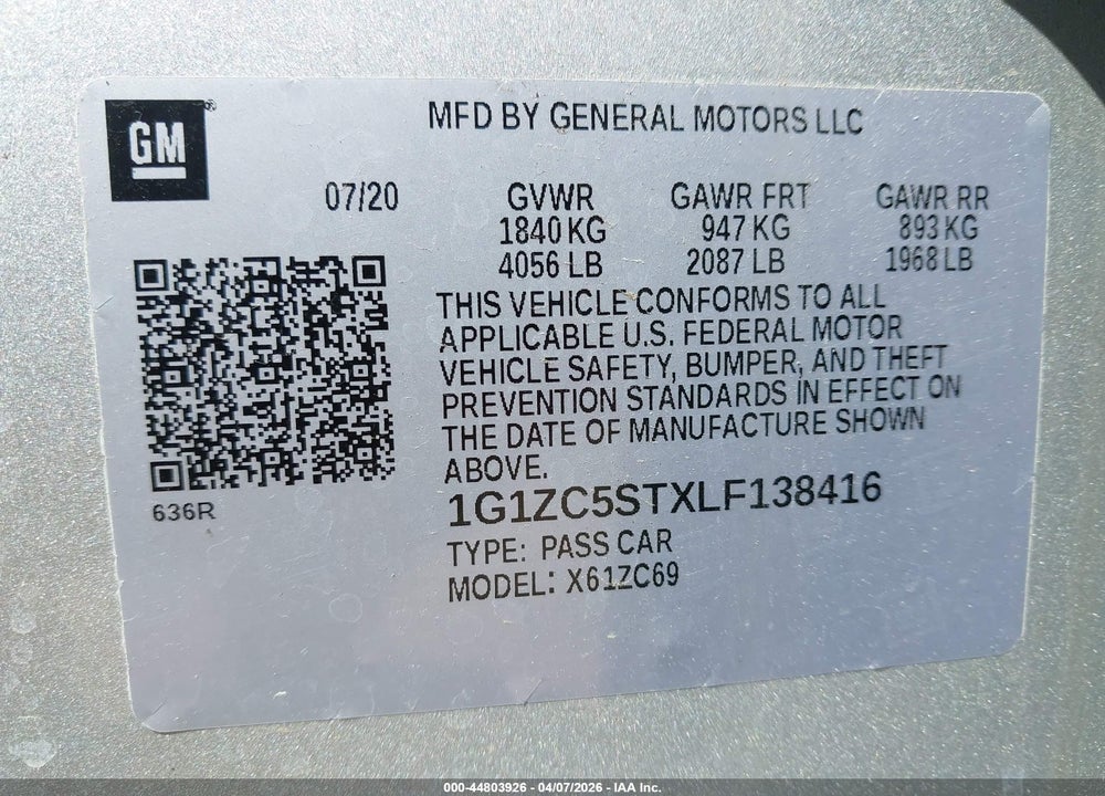 2020 CHEVROLET MALIBU FWD 1FL VIN: 1G1ZC5STXLF138416