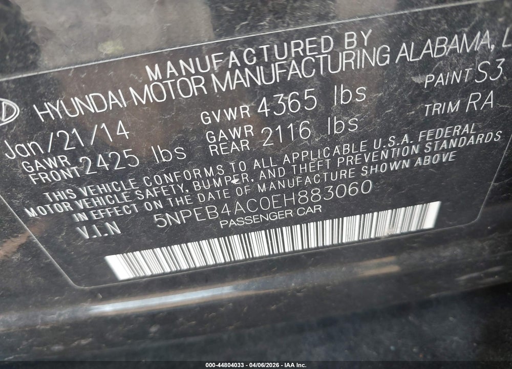 2014 HYUNDAI SONATA GLS VIN: 5NPEB4AC0EH883060