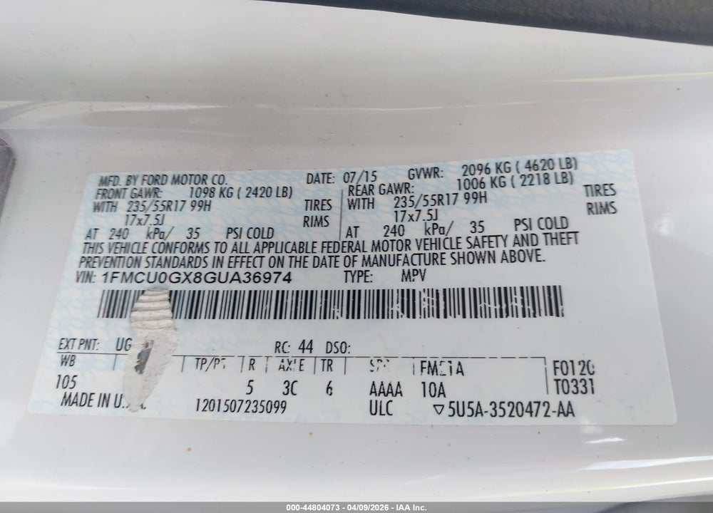 2016 FORD ESCAPE SE VIN: 1FMCU0GX8GUA36974