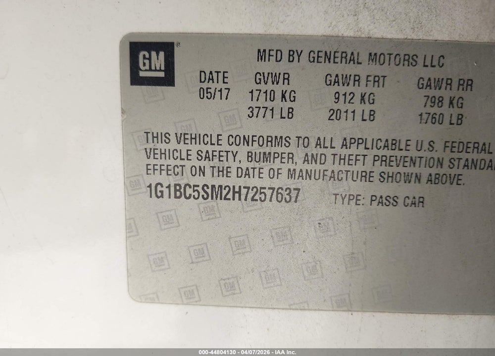 2017 CHEVROLET CRUZE LS AUTO VIN: 1G1BC5SM2H7257637