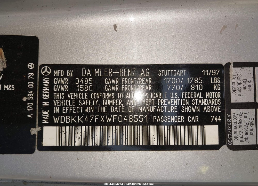1998 MERCEDES-BENZ SLK 230 VIN: WDBKK47FXWF048551