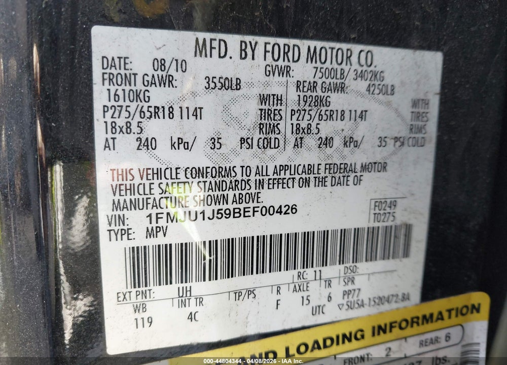 2011 FORD EXPEDITION XLT VIN: 1FMJU1J59BEF00426