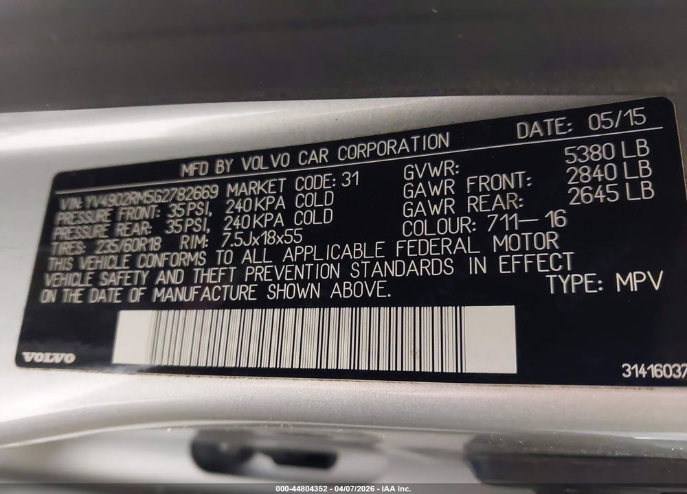2016 VOLVO XC60 T6 PLATINUM VIN: YV4902RM5G2782669