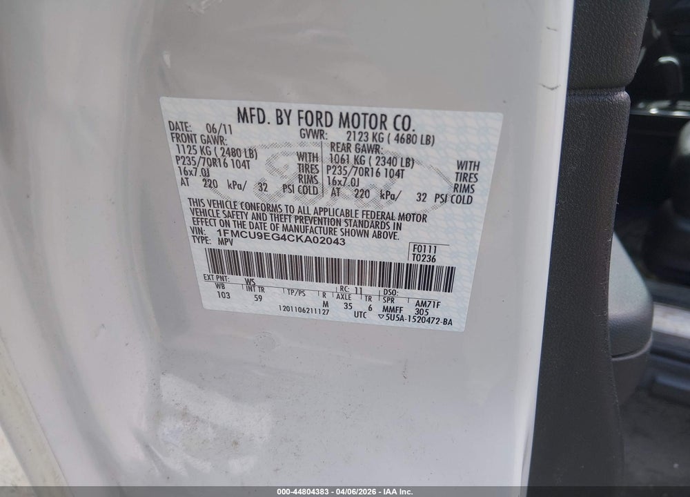 2012 FORD ESCAPE LIMITED VIN: 1FMCU9EG4CKA02043