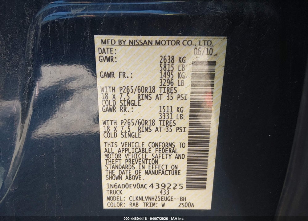 2010 NISSAN FRONTIER LE VIN: 1N6AD0EV0AC439225