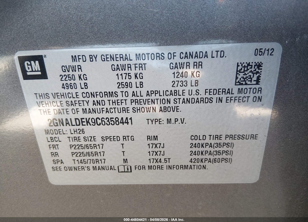 2012 CHEVROLET EQUINOX 1LT VIN: 2GNALDEK9C6358441