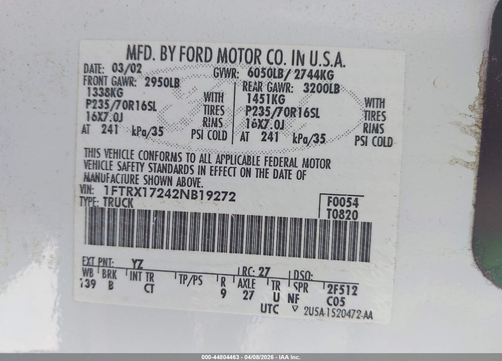 2002 FORD F-150 XL/XLT VIN: 1FTRX17242NB19272