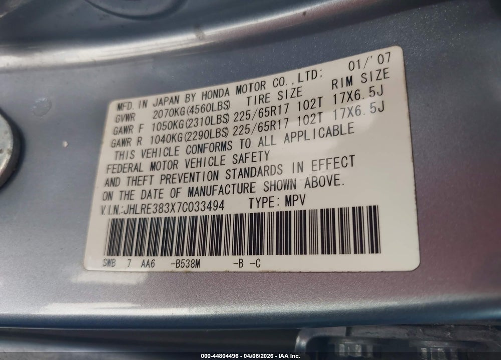 2007 HONDA CR-V LX VIN: JHLRE383X7C033494