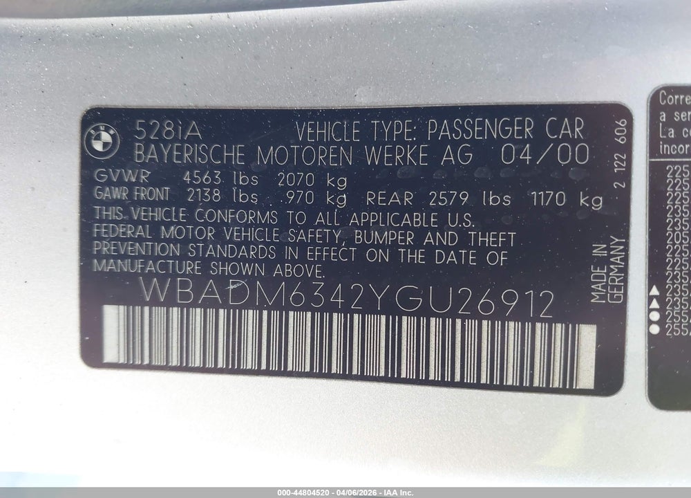 2000 BMW 528IA VIN: WBADM6342YGU26912