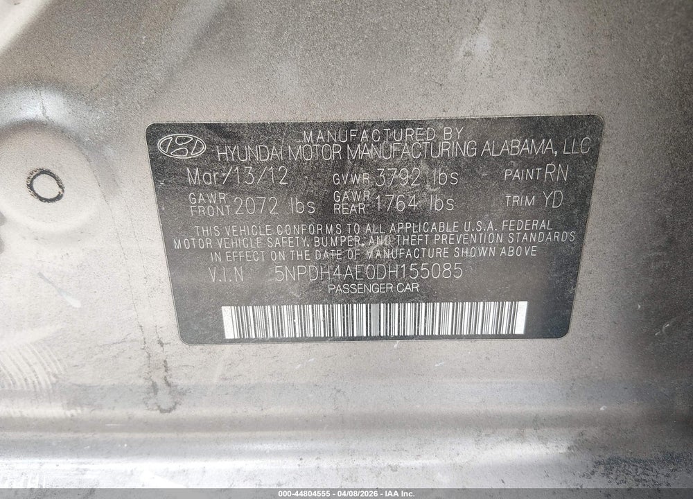 2013 HYUNDAI ELANTRA GLS/LIMITED VIN: 5NPDH4AE0DH155085