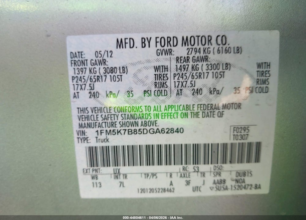 2013 FORD EXPLORER VIN: 1FM5K7B85DGA62840