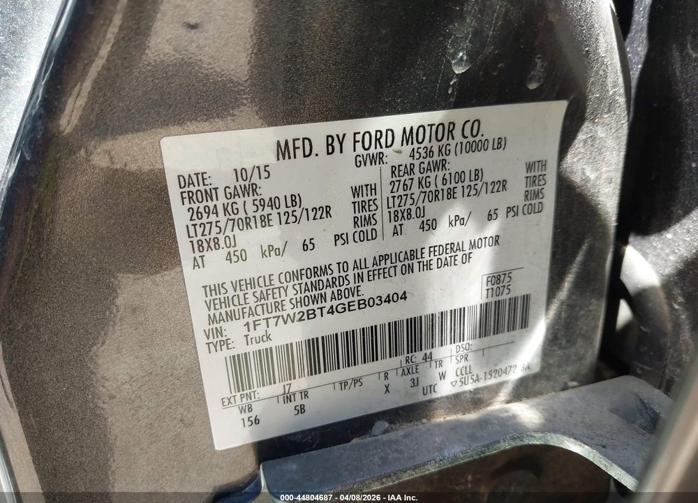 2016 FORD F-250 LARIAT VIN: 1FT7W2BT4GEB03404