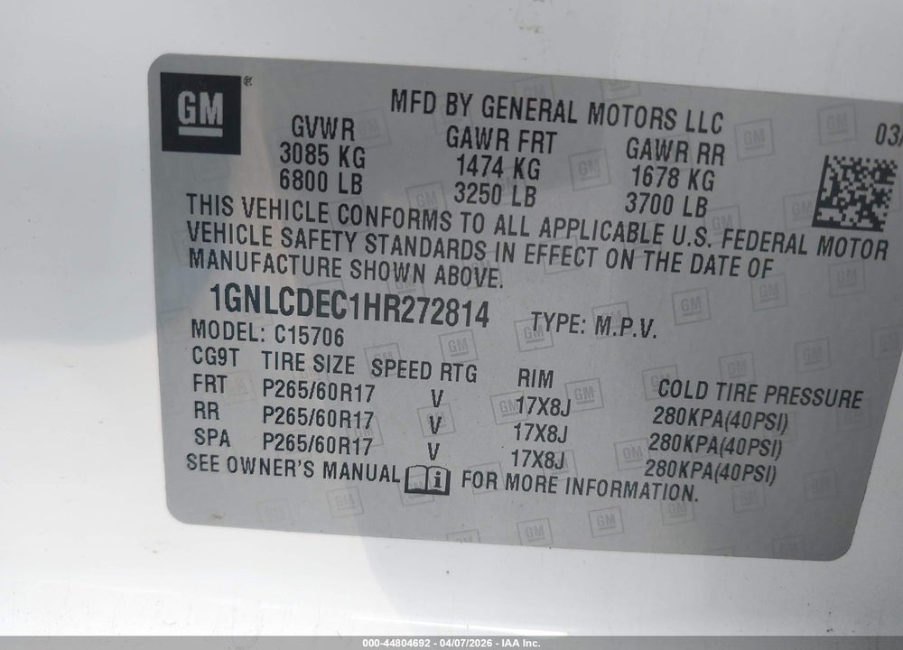 2017 CHEVROLET TAHOE COMMERCIAL FLEET VIN: 1GNLCDEC1HR272814