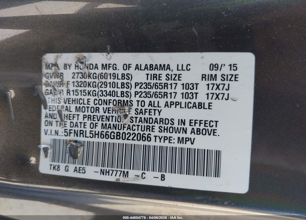 2016 HONDA ODYSSEY EX-L VIN: 5FNRL5H66GB022066
