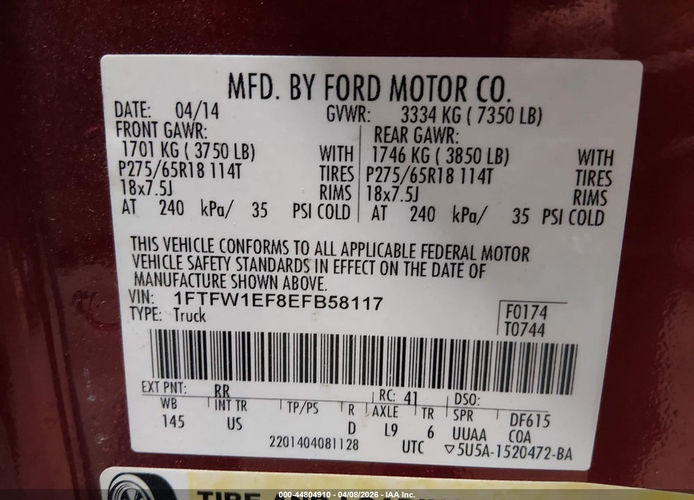 2014 FORD F-150 XLT VIN: 1FTFW1EF8EFB58117