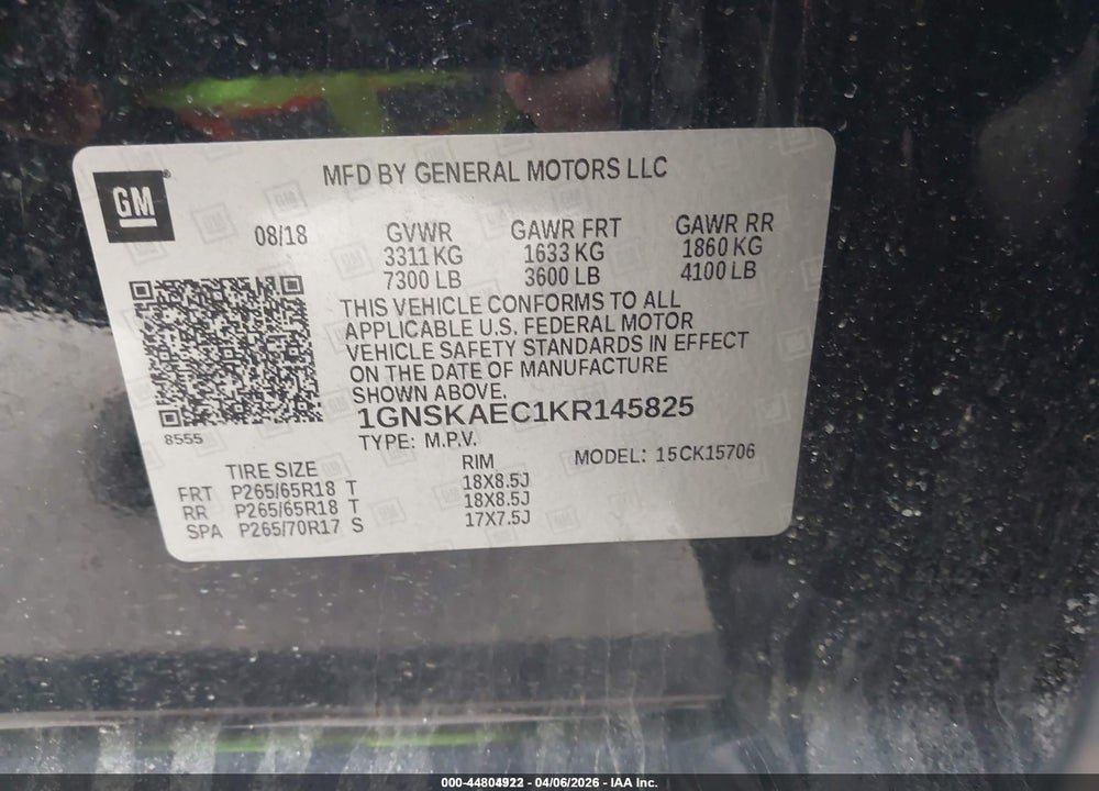 2019 CHEVROLET TAHOE LS VIN: 1GNSKAEC1KR145825