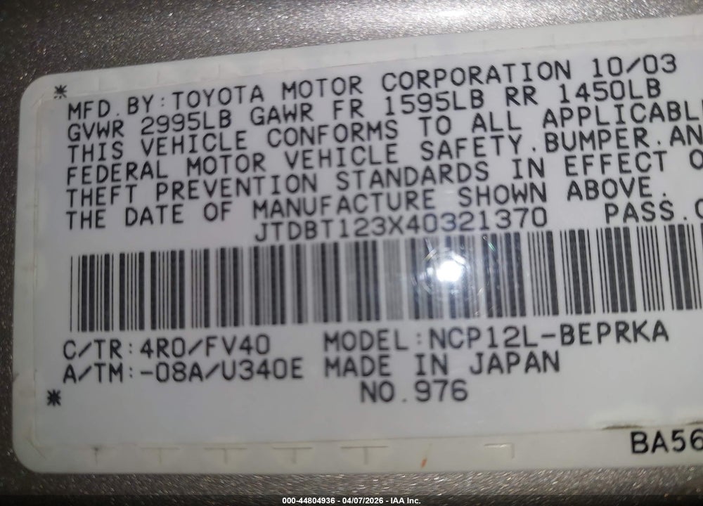 2004 TOYOTA ECHO VIN: JTDBT123X40321370
