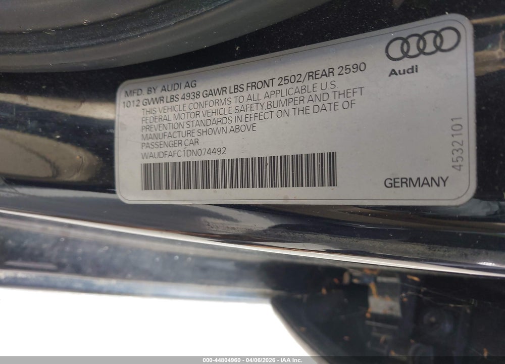 2013 AUDI A6 2.0T PREMIUM VIN: WAUDFAFC1DN074492