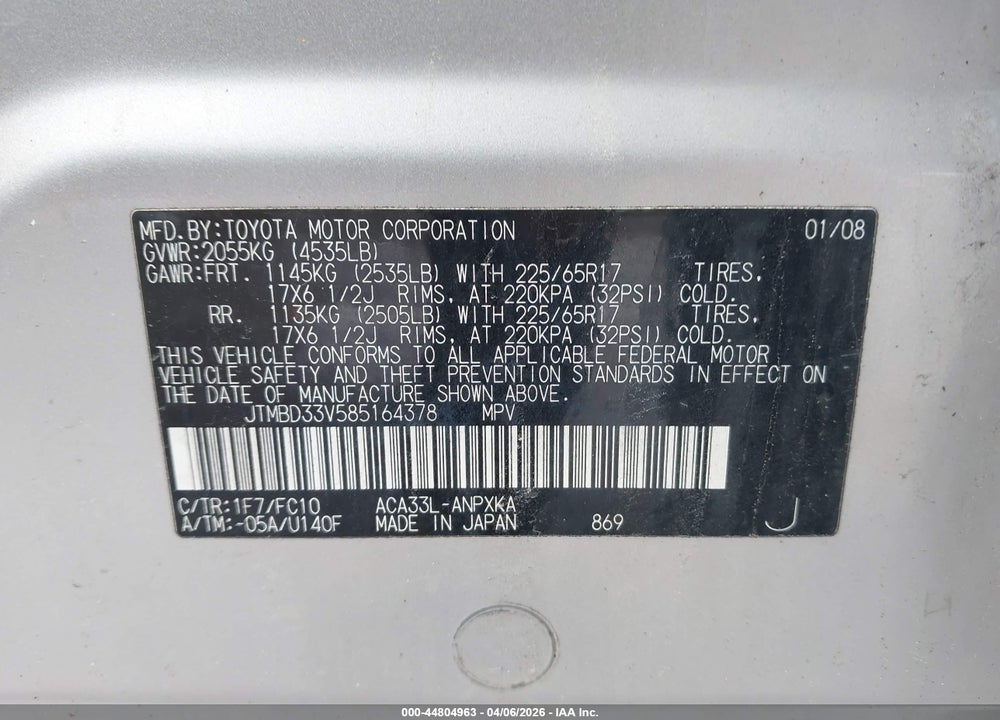 2008 TOYOTA RAV4 VIN: JTMBD33V585164378