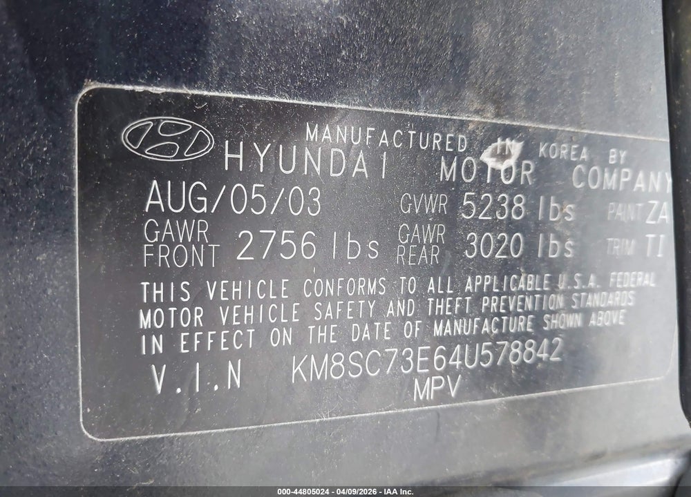 2004 HYUNDAI SANTA FE GLS/LX VIN: KM8SC73E64U578842