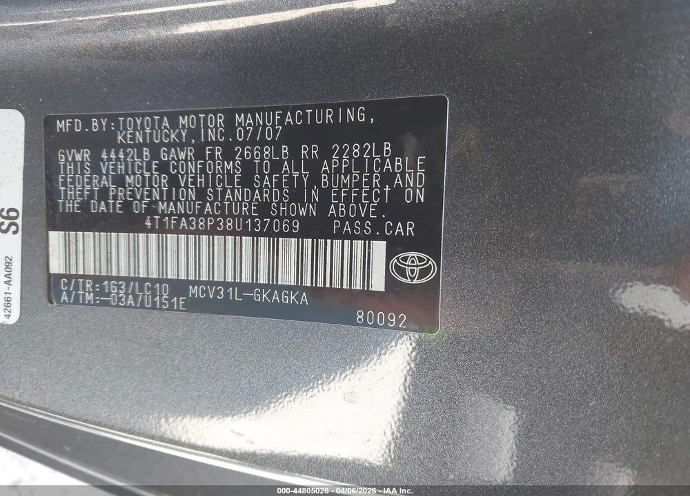 2008 TOYOTA CAMRY SOLARA SLE VIN: 4T1FA38P38U137069