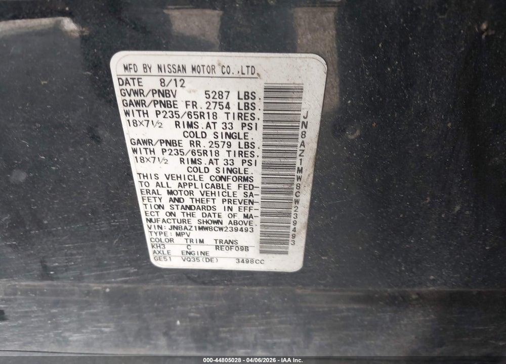 2012 NISSAN MURANO S VIN: JN8AZ1MW8CW239493