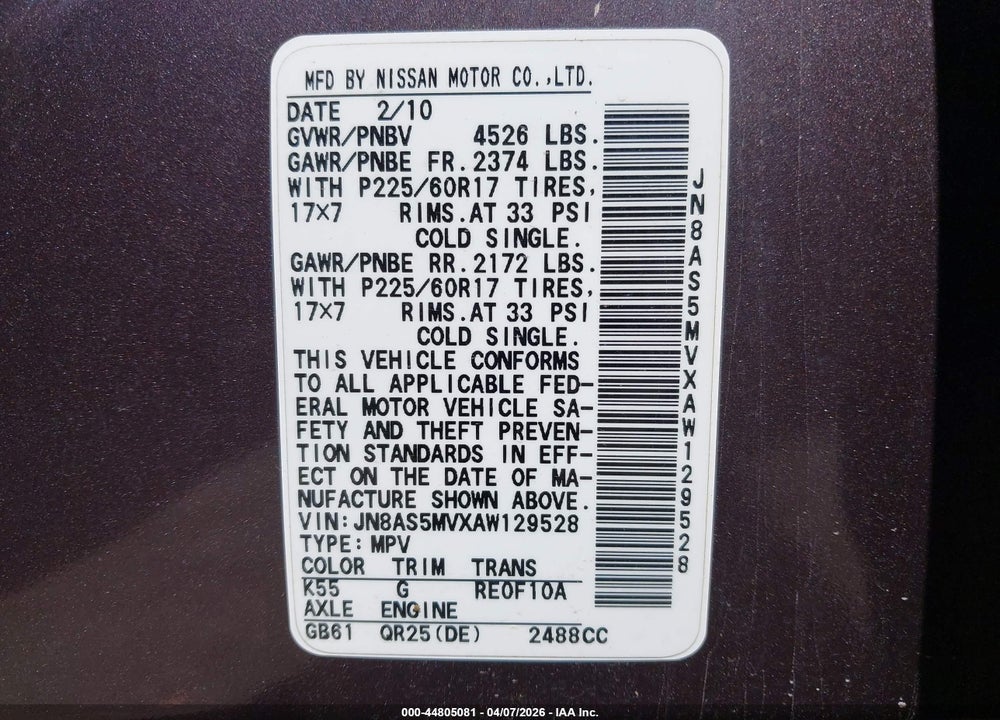 2010 NISSAN ROGUE SL VIN: JN8AS5MVXAW129528