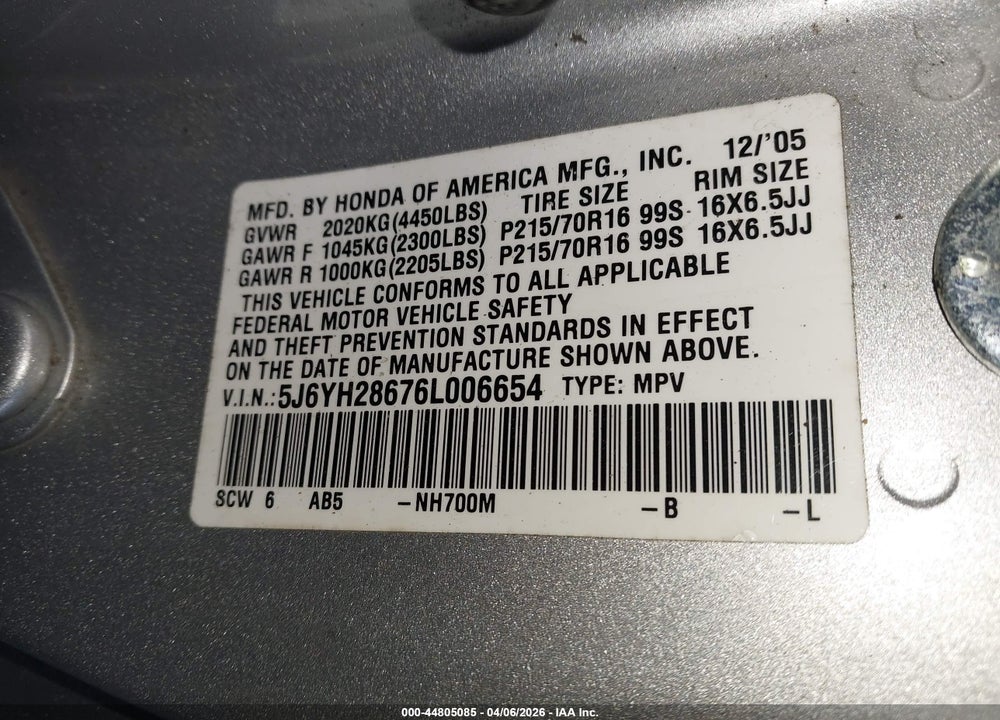 2006 HONDA ELEMENT EX VIN: 5J6YH28676L006654