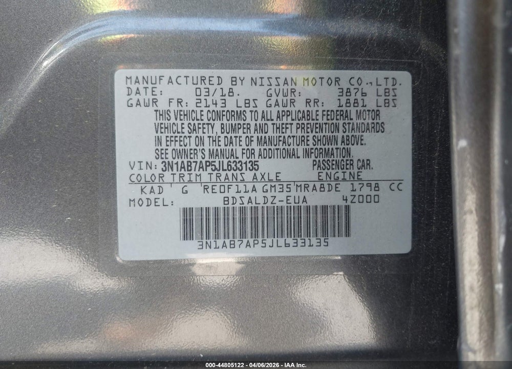 2018 NISSAN SENTRA SV VIN: 3N1AB7AP5JL633135