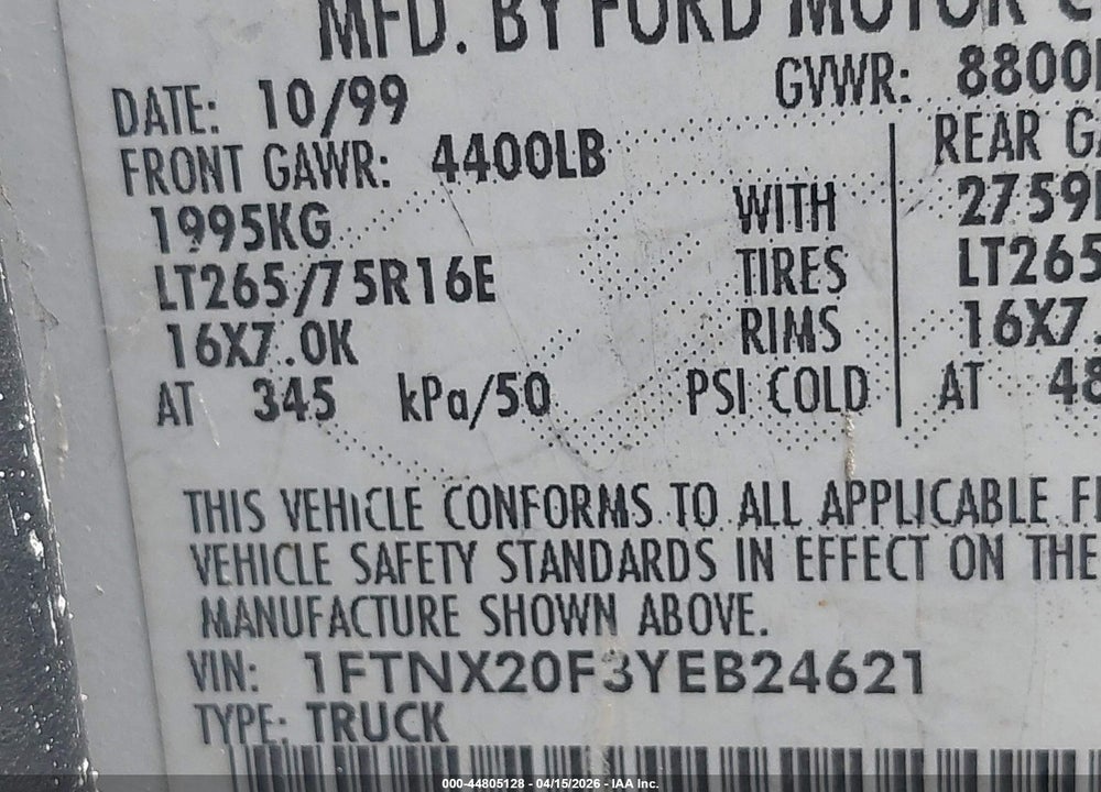 2000 FORD F-250 VIN: 1FTNX20F3YEB24621