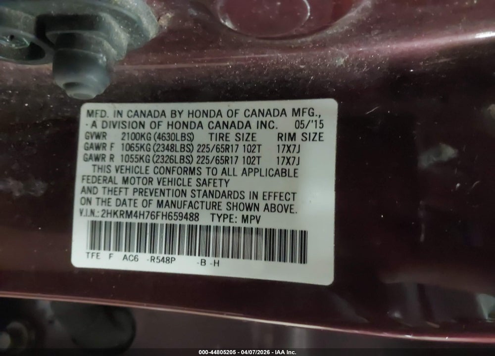 2015 HONDA CR-V EX-L VIN: 2HKRM4H76FH659488