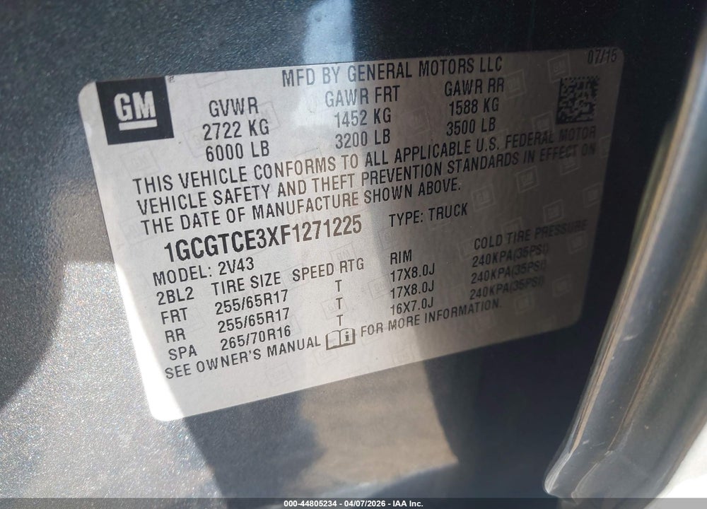 2015 CHEVROLET COLORADO Z71 VIN: 1GCGTCE3XF1271225