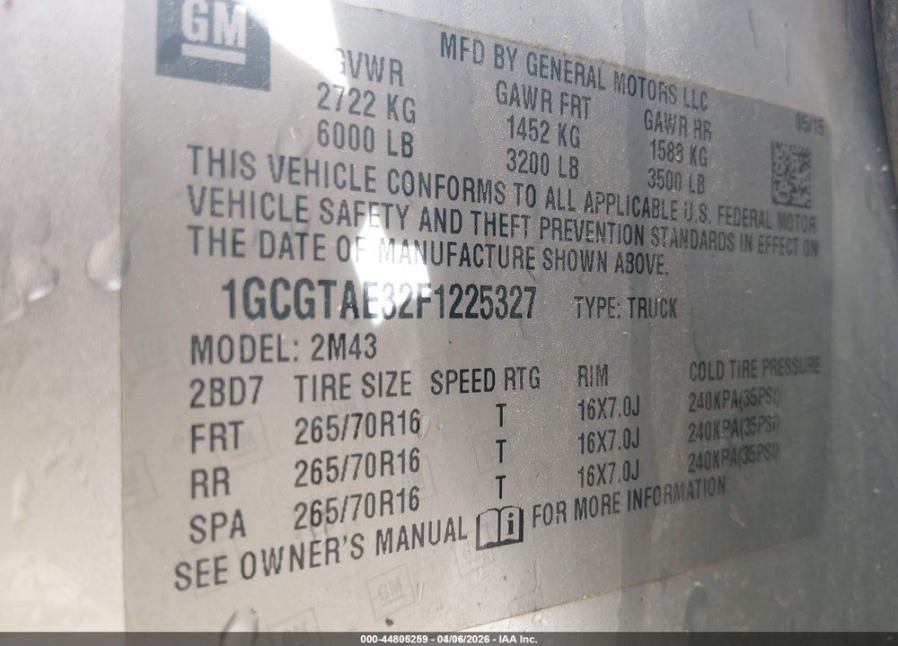 2015 CHEVROLET COLORADO WT VIN: 1GCGTAE32F1225327