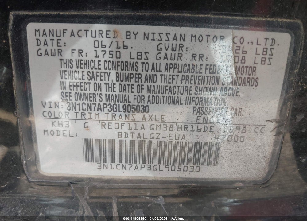 2016 NISSAN VERSA 1.6 SL VIN: 3N1CN7AP3GL905030