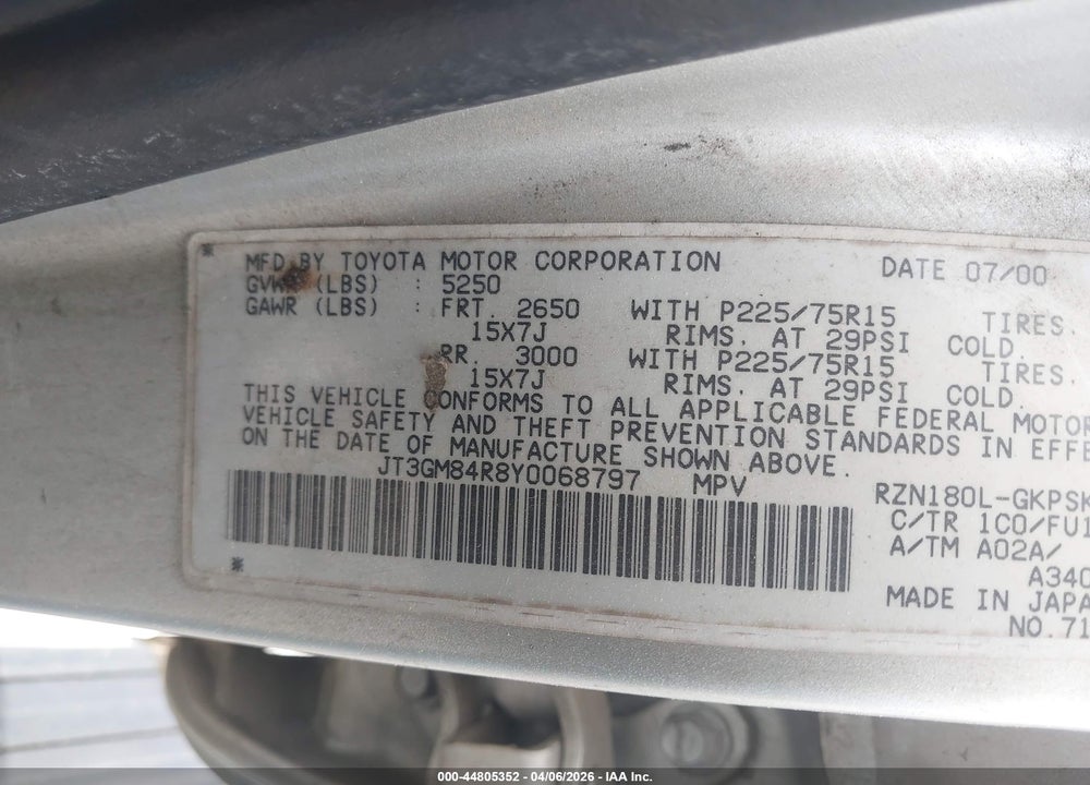 2000 TOYOTA 4RUNNER VIN: JT3GM84R8Y0068797