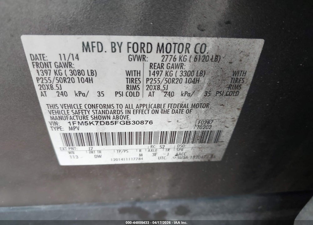 2015 FORD EXPLORER XLT VIN: 1FM5K7D85FGB30876