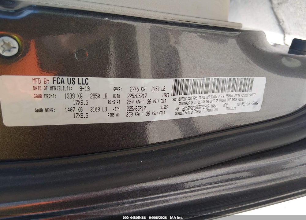 2019 DODGE GRAND CARAVAN SXT VIN: 2C4RDGCG0KR776702